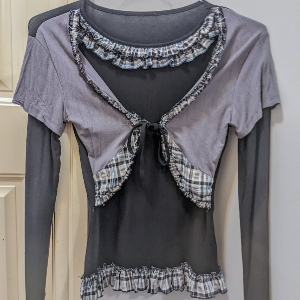 Two Piece Women's Shirt Faux Plaid Jacket Lightweight Black Gray White